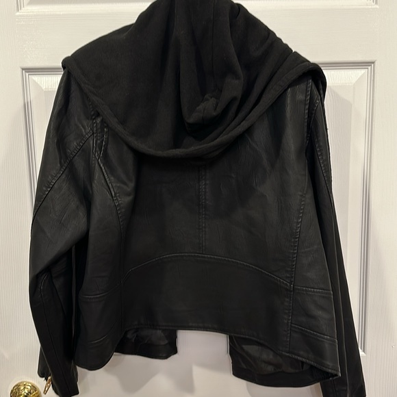 Vegan leather and sweatshirt jacket.  Removable hood. Motorcycle style. - Picture 3 of 3